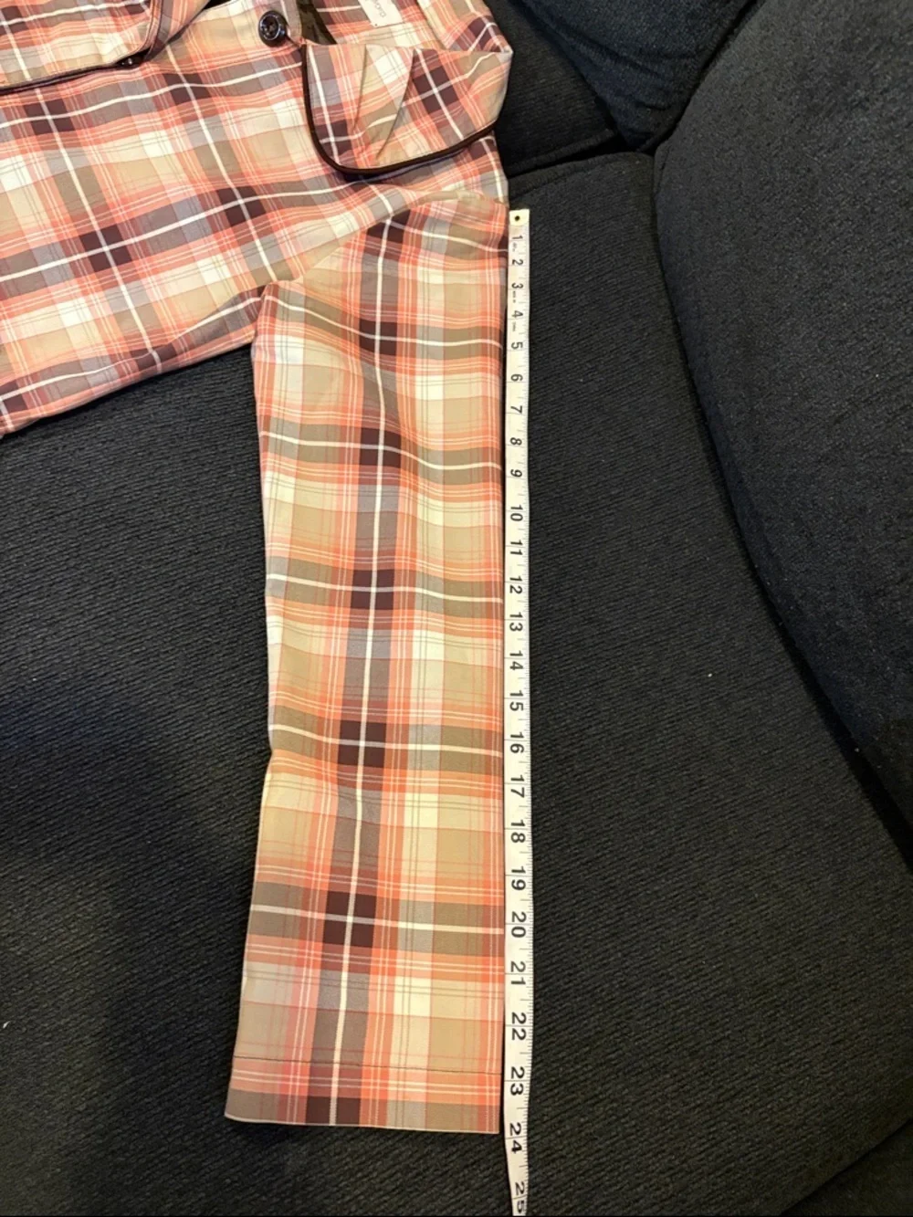 Plaid Button-Front Women's Jacket in Brown/Red and Cream Tie Waist & Hem-EU 44/M